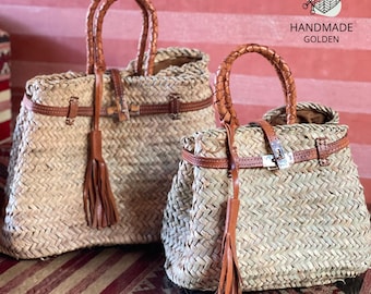 Bolso de paja marroquí con correa de cuero: bolso bohemio de mercado tejido a mano