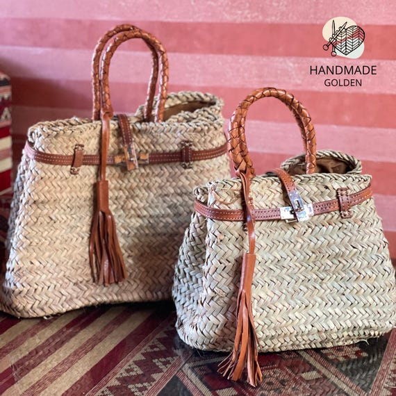 Leather Strap Moroccan Straw Bag: Handmade Woven Boho Market Tote