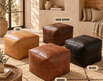 Handmade Moroccan Leather Pouf Ottoman – Brown Square Footstool, Unstuffed