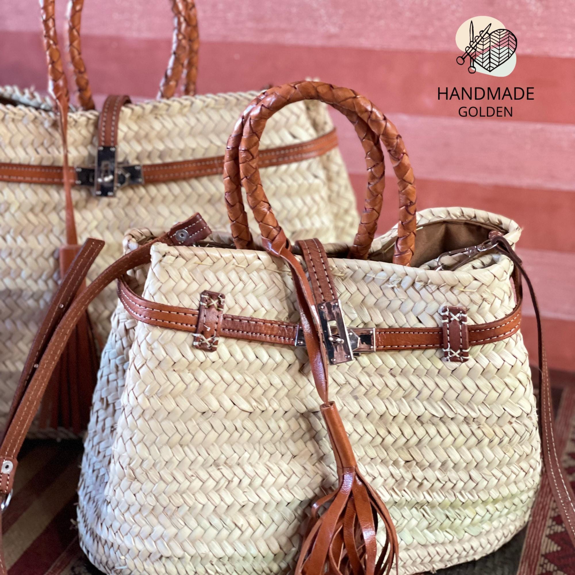 Gift Leather Strap Moroccan Straw Bag: Handmade Woven Boho Market Tote ...
