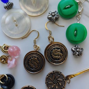 Vintage dangly earrings  unique button jewelry handmade upcycled mop metal green black