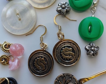 Vintage dangly earrings  unique button jewelry handmade upcycled mop metal green black