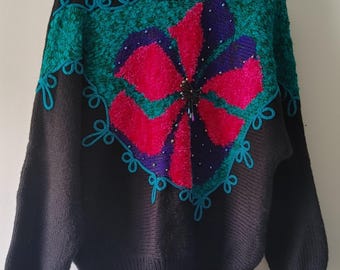 Vintage 90s Jaclyn Smith black fuscia teal flower sweater fairy core size medium