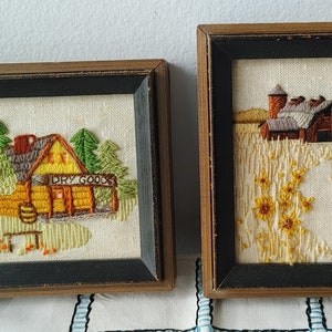 Two vintage rustic Crewel framed pictures farm dry goods store cottage country decor