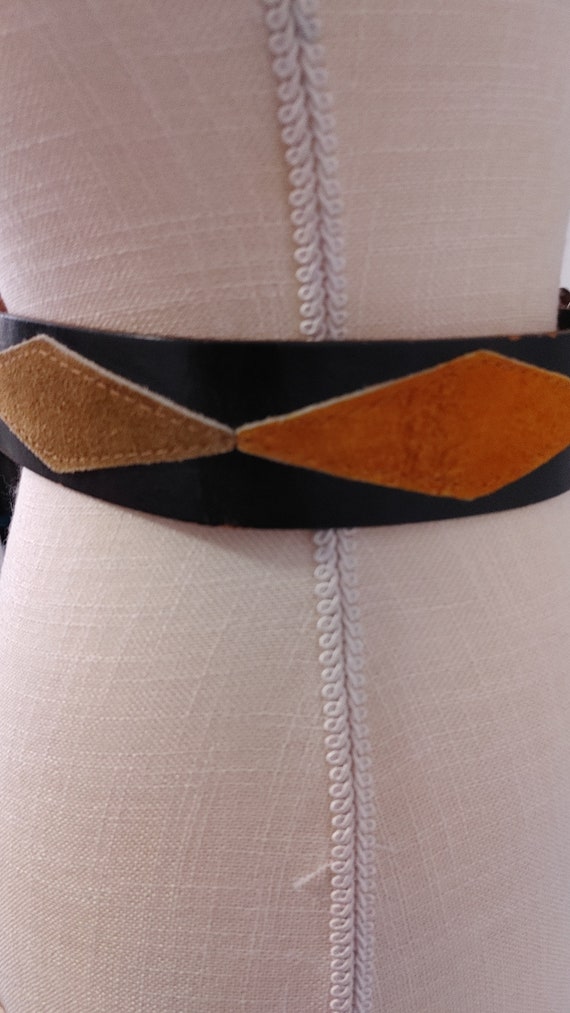 1970s Vintage black leather belt with suede diamo… - image 10