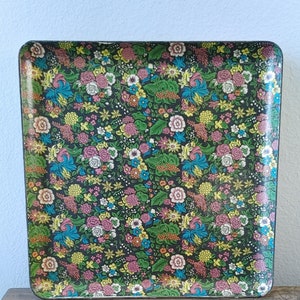 Vintage mid century tray made in Japan floral green pink yellow square
