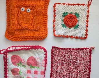 4 vintage crochet pot holders orange red owl handmade knit