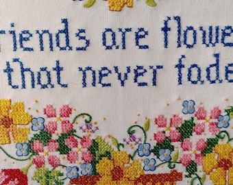 Vintage Cross Stitch Friendship Sampler - Handmade 1992 floral embroidered