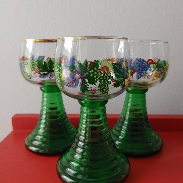Vintage wine glasses grapes  Romer wine glasses with grapes motif and green art deco stems Bohemian glass