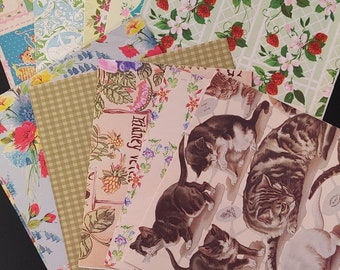 10 Vintage wrapping paper lot cats floral baby shower uncut foil birthday 1970s scrapbooking upcycle paper