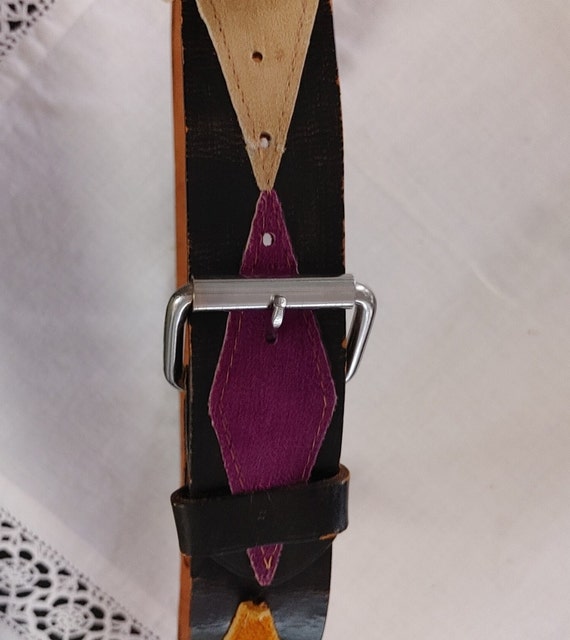 1970s Vintage black leather belt with suede diamo… - image 4