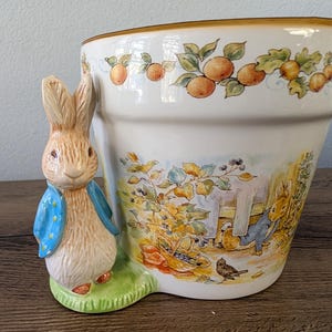 May include: A white ceramic planter with a Peter Rabbit design. The planter features a 3D rabbit figure and a painted scene of rabbits and a basket of berries. The rim has a brown trim. The planter is on a wooden surface.
