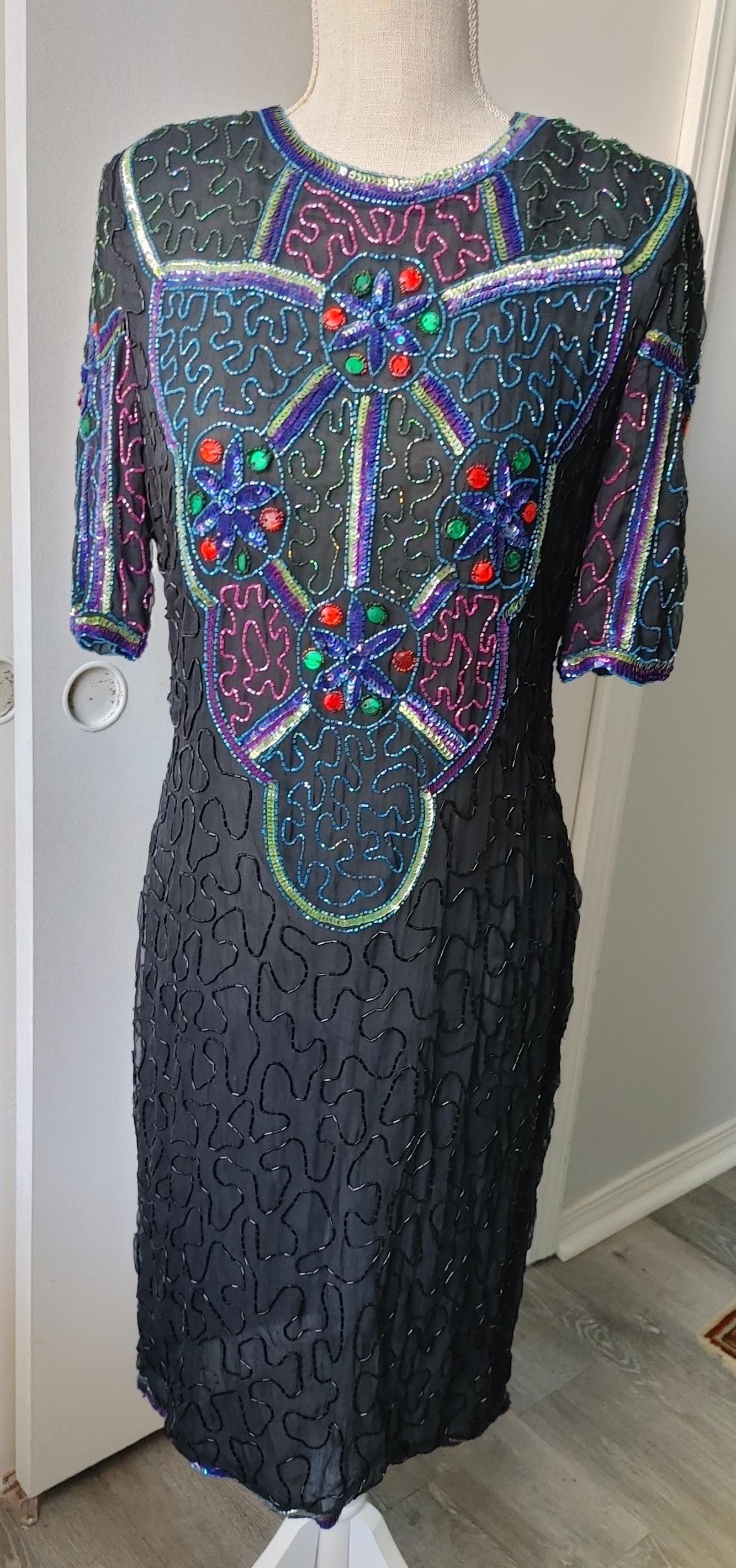 satin hand-beaded cocktail dress ASHLEYlauren 4774 Square Neck Beaded Cocktail Dress