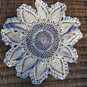 Vintage crocheted  doillie purple pink blue yellow fine detailed hand made vintage home rainbow decor