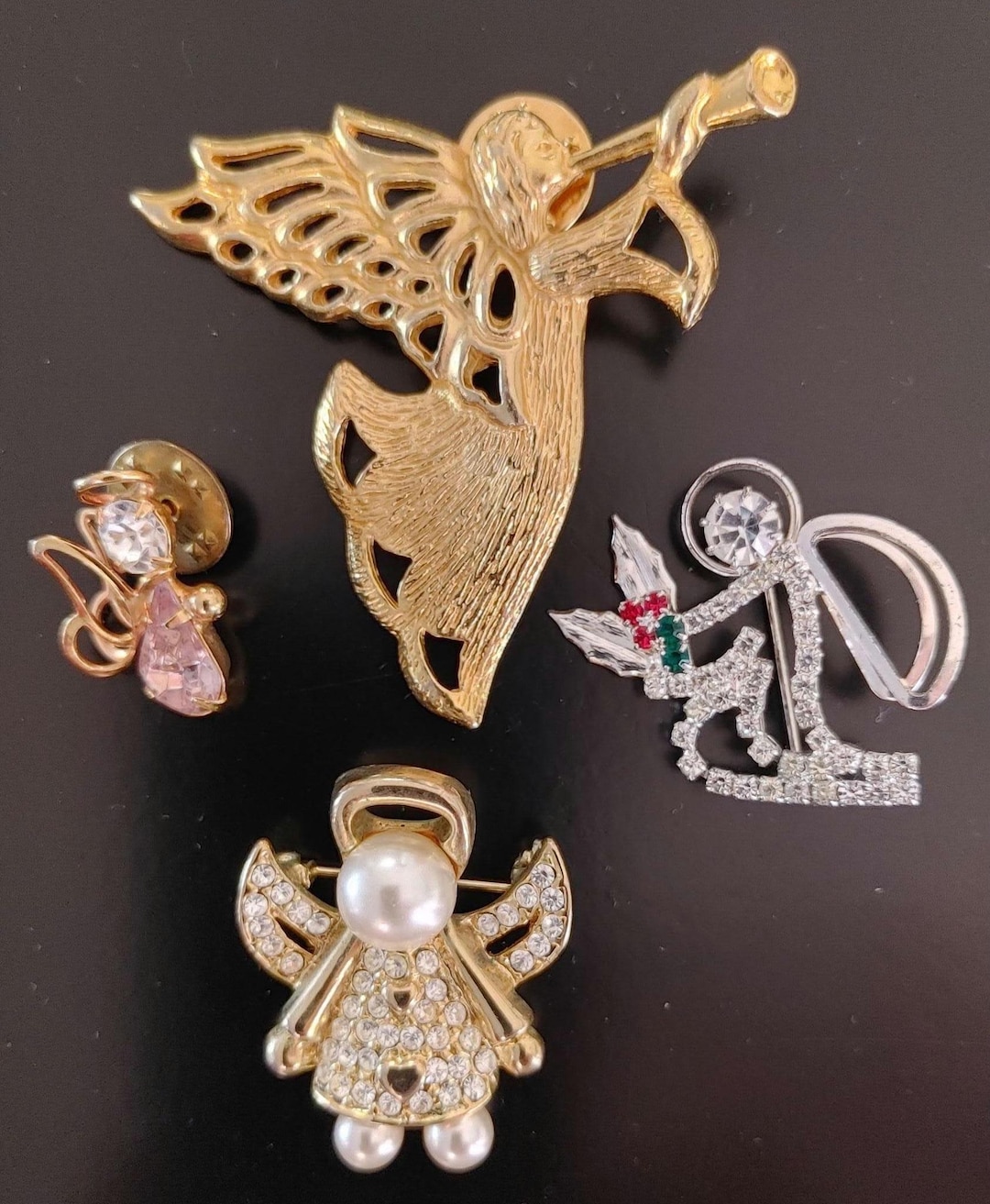 4 Vintage Angel Brooches Rhinestones Pearls. Christmas Pins Angel ...