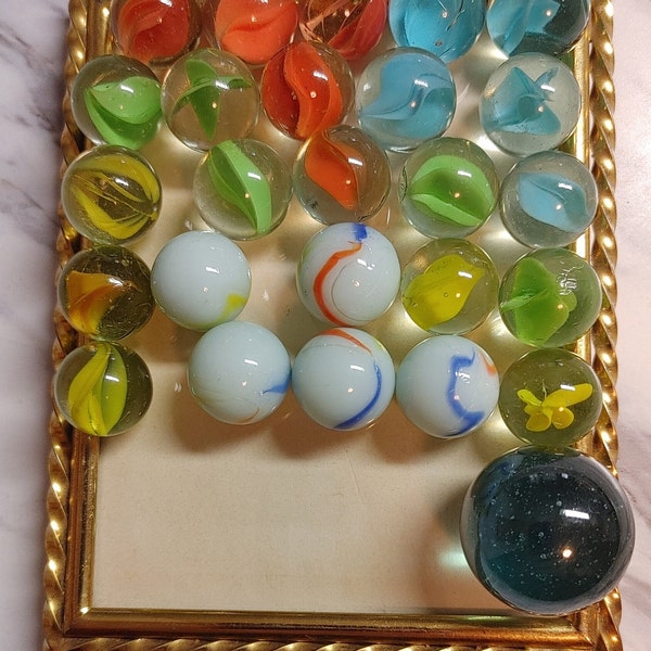 26 vintage marbles small and one large blue yellow orange opaque milk glass collection of marbles