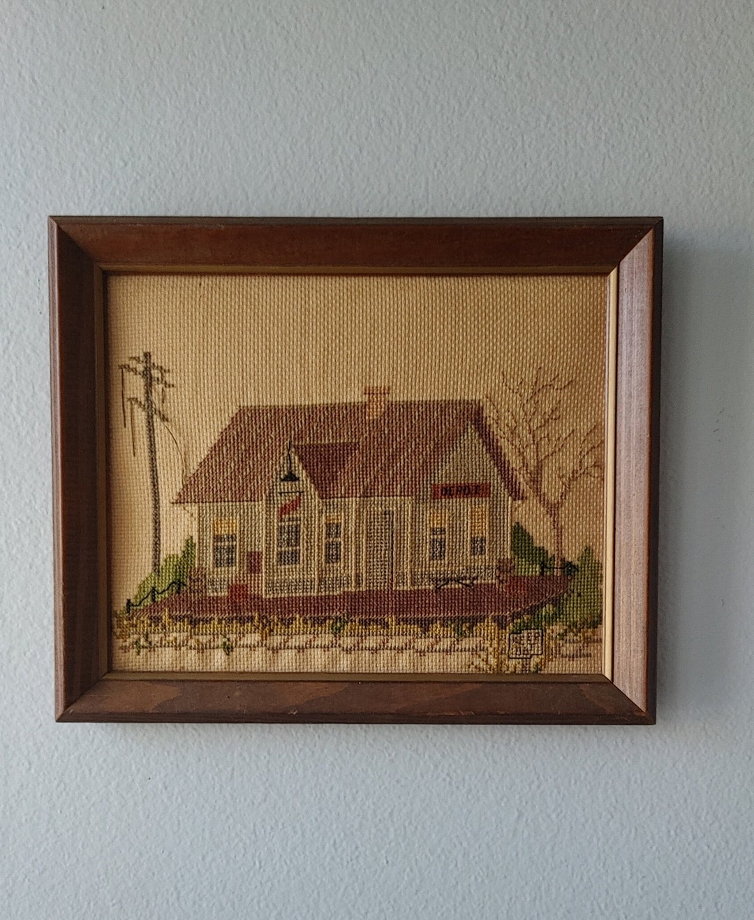 Vintage Cross Stitch Railroad Depot Trains Handmade Scene Etsy