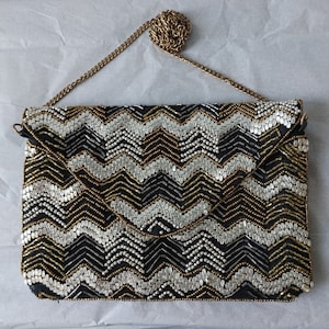 Vintage Beaded Shoulder Bag: Gold & Silver Chevron Evening Purse