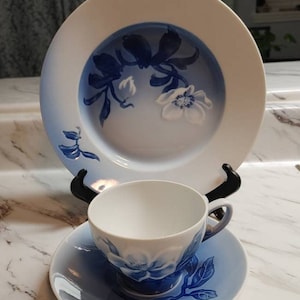 Vintage Bing & Grondahl Christmas Rose cup saucer and luncheon plate Scandinavian blue and white china Danish