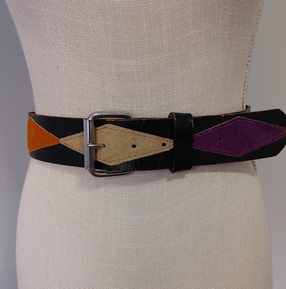 1970s Vintage black leather belt with suede diamo… - image 6
