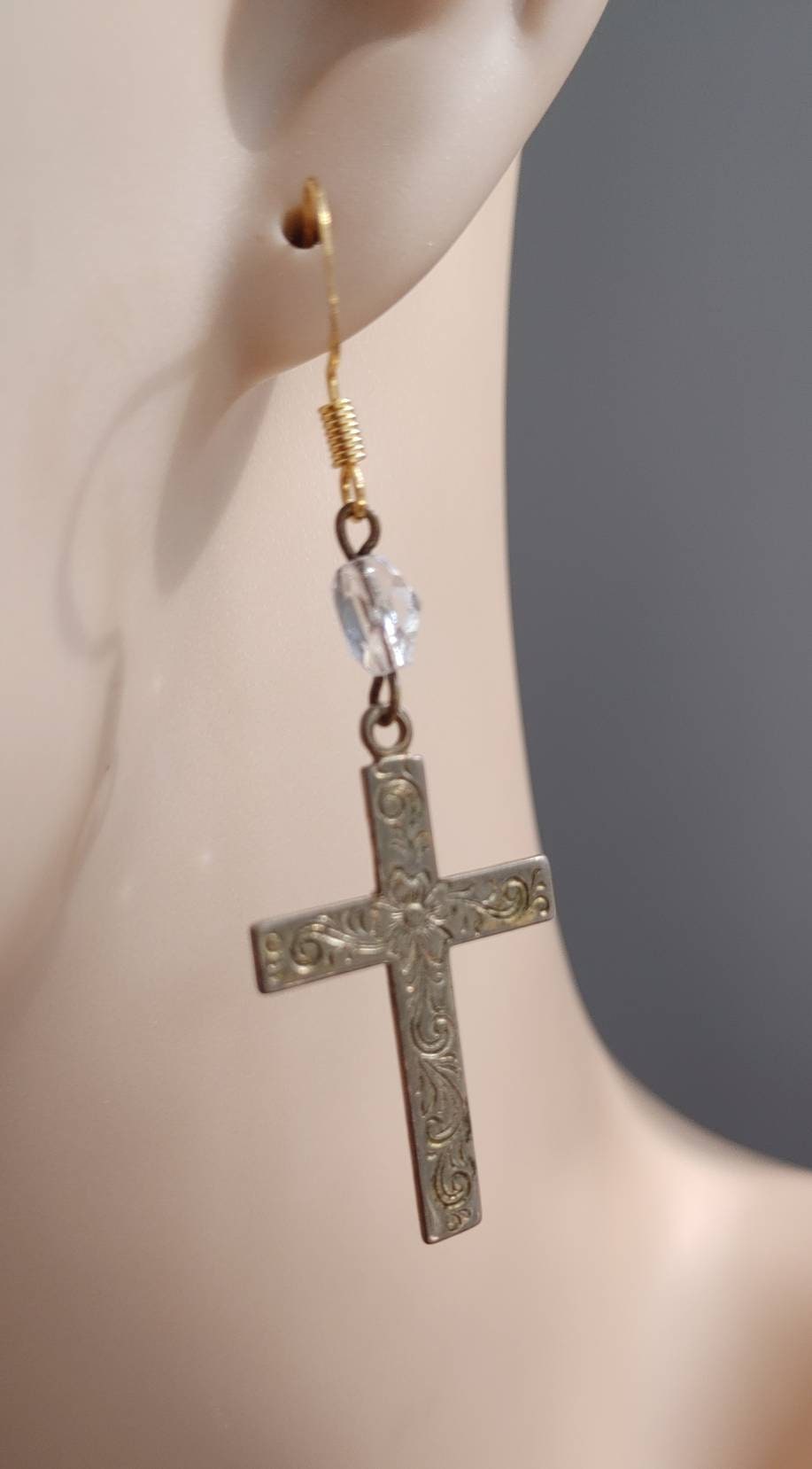 Vintage Cross Earrings Etched Rosary Beads Black Beads Crystal - Etsy UK