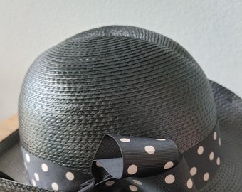 Vintage Lords straw hat black with polka dot bow size small elegant church hat