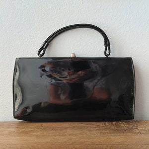 Vintage Theodore California black leather handbag clutch 1960s shiny formal purse metal frame black patent leather