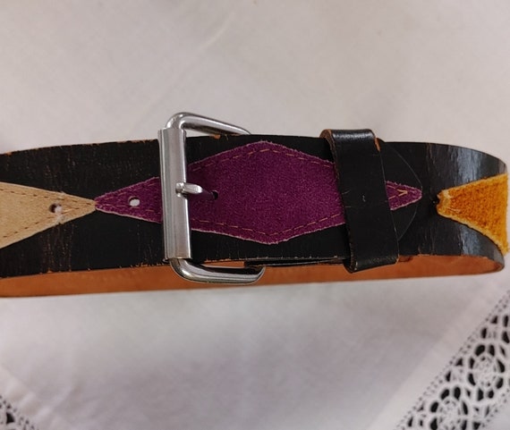 1970s Vintage black leather belt with suede diamo… - image 1