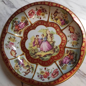 Beautiful Daher tin bowl with a courting scene and flowers made in England just a gorgeous design with gold accents