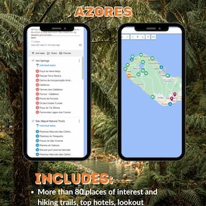 Peut inclure: Deux téléphones portables affichent une carte interactive de São Miguel, Açores, avec des points d'intérêt. Le texte comprend "Get Your Interactive Map" et "Includes: Plus de 80 lieux d'intérêt et sentiers de randonnée."