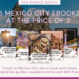 Puede incluir: Cinco ebooks sobre la Ciudad de México, cada uno con un enfoque diferente, incluyendo cosas que hacer en Coyoacán, platos increíbles de México, una guía de comida callejera, cosas que hacer en el centro histórico y cosas que hacer de noche. Los ebooks están disponibles en paquete a un precio reducido.