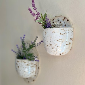Set of 2 Ceramic Birch Wall Pockets, Wheel-thrown and Altered Floral Hanging Pockets