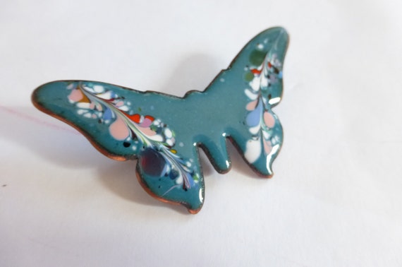 1960s Butterfly Pin Teal Blue Enamel on Copper Psy