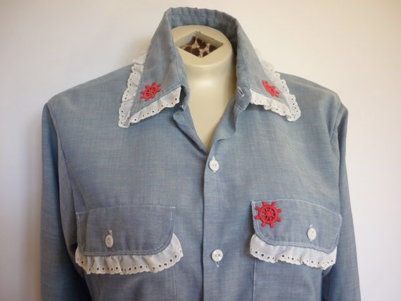1970s Chambray Shirt Nautical Trim Oversized