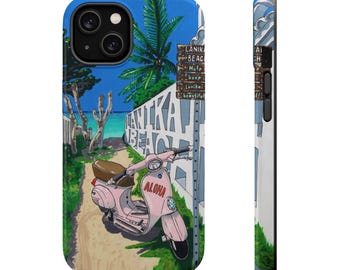 Magnetic Tough Cases, Lanikai Beach Pink Motorcycle Hawaii Island Vibes Pop Illustration, Tough Phone Cover, Vibrant, iPhone 16