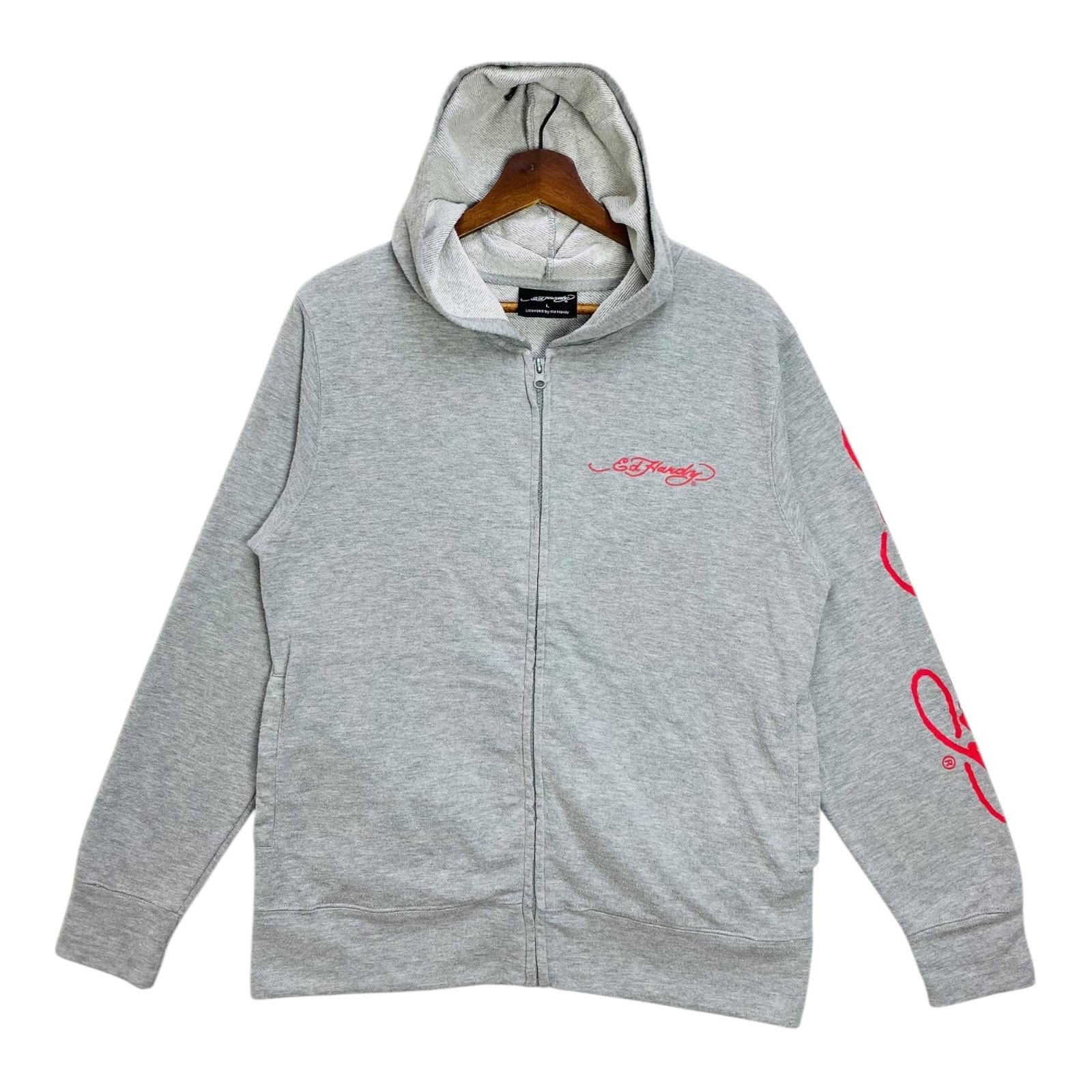 Vintage Ed Hardy Hoodie Big Graphic Light Cotton Fullzip Gray Size 
