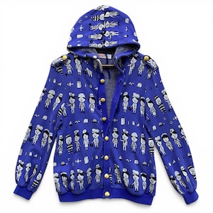 May include: A blue hooded sweatshirt with a repeating pattern of illustrated figures in various professions. The jacket has a button-up front, gold buttons, and a drawstring hood. The cuffs and hem are a darker shade of blue.