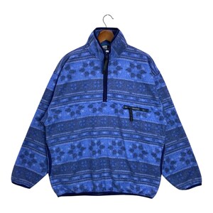 Op de afbeelding: Een blauwe fleece trui met een geometrisch patroon. De trui heeft een halve ritssluiting, een klein borstzakje en lange mouwen. Het patroon bevat bloem- en streepmotieven in blauwtinten.