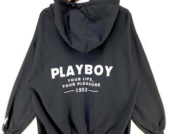 Vintage Playboy Hoodie Black Pullover Y2K Minimalist Spellout M