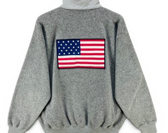 Vintage Polo Sport Ralph Lauren Fleece Sweater Quarter Zip Large Size  US Flag Gray