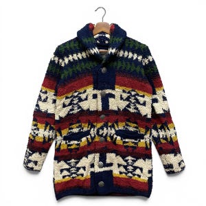 Vintage Bayflow Aztec Cardigan Sweater Native American Pattern Long Jacket Size 3 Medium