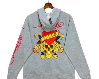 Felpa con cappuccio vintage Ed Hardy con grande grafica, in cotone leggero, con cerniera intera, grigia, taglia Large