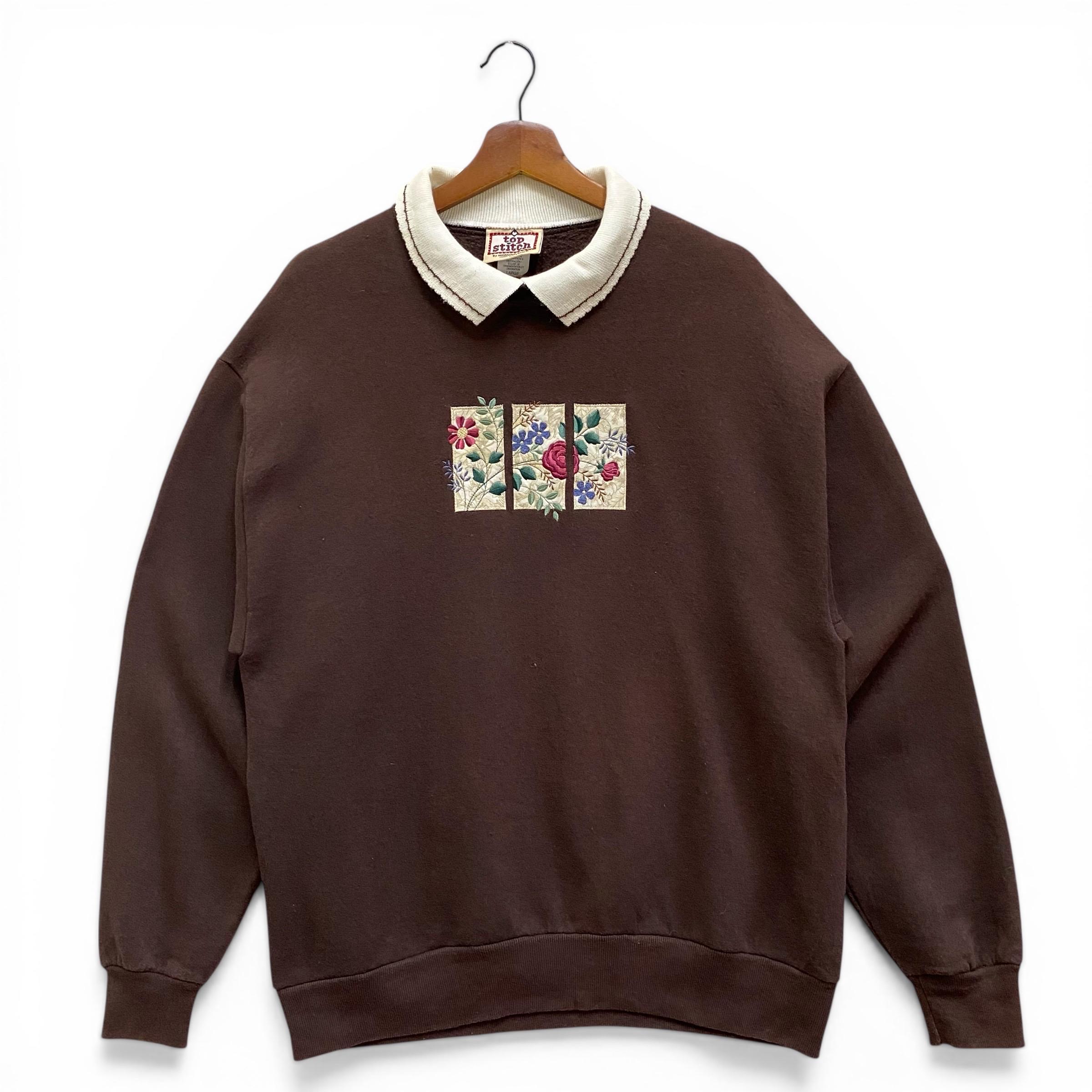 Sweat-shirt brodé à fleurs des années 90, pull color block vintage