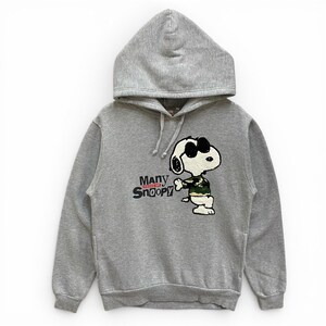 May include: A grey hooded sweatshirt with a Snoopy graphic wearing sunglasses and a camouflage vest. The text "Many Snoopy" is printed below the graphic. The sweatshirt has a drawstring hood and long sleeves.