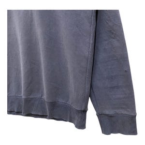 May include: A faded blue sweatshirt with ribbed cuffs and hem. The long-sleeved top has a crew neck and a slightly worn appearance. The fabric appears soft and comfortable, suitable for casual wear.