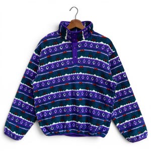 Vintage L.L. Bean Fleece Aztec Snap T, Kids XL/Adult M, Purple Teal Geometric