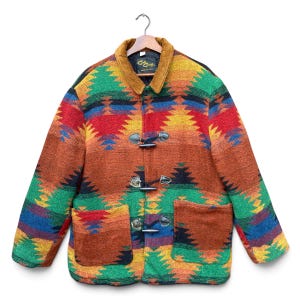 Chaqueta tipo manta estilo suroeste azteca de Cal Craft, estilo vintage de los años 80, cuello de pana, talla L.