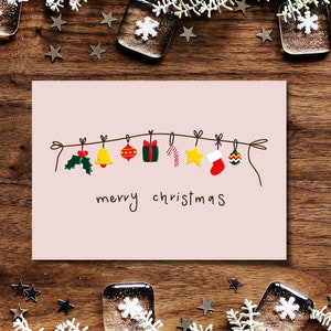 Merry christmas card, Christmas garland greeting card, Pink Holiday card