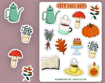 Cozy fall days planner stickers, autumn sticker sheet, food, plants, and coffee stickers