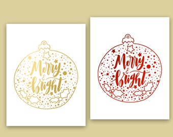 Red and Gold Foiled Merry and bright Retro Christmas card, Christmas card pack, Holiday Card set